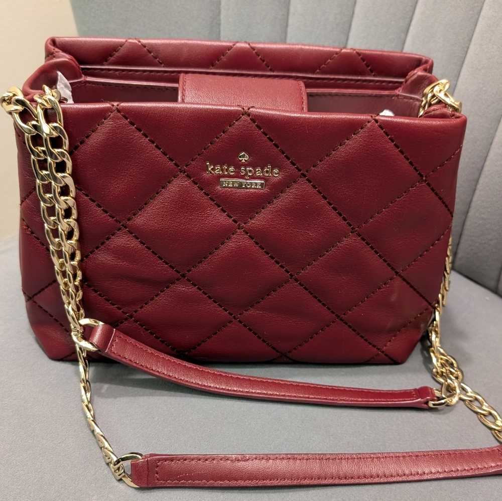 Kate Spade Maroon Quilted Shoulder Bag with Gold Chain - Small